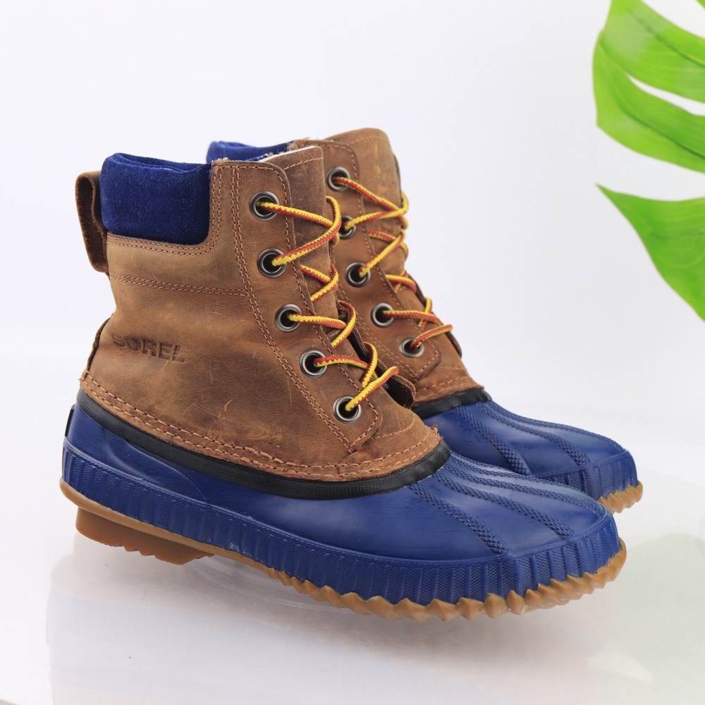 Sorel Womens Cheyanne Duck Boots Size 7 Waterproof Blue Brown Leather Lace Up